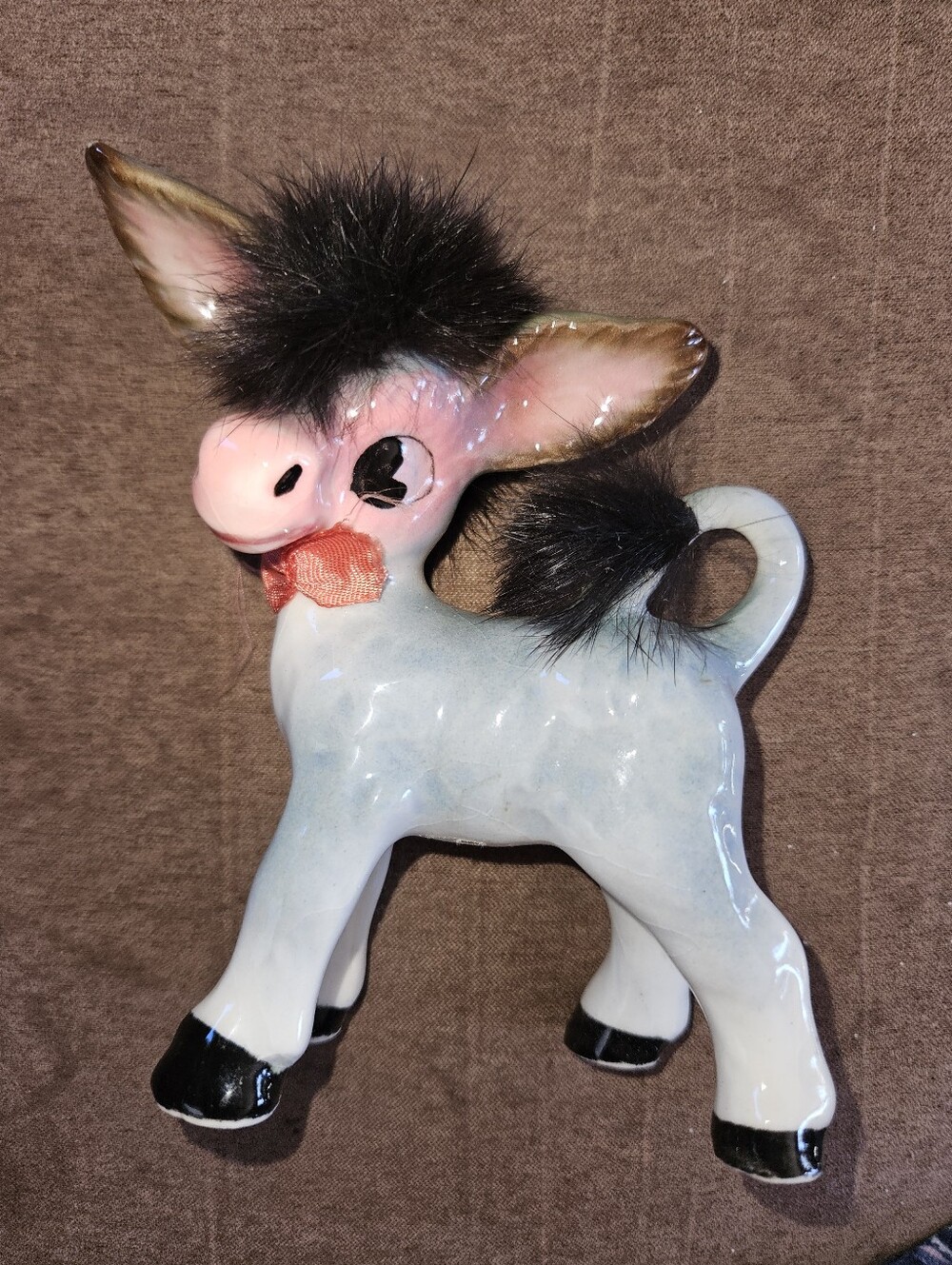 Vintage Porcelain Donkey/Black Rabbit Fur Mane/Tail, Made In Japan, 5" x 4"